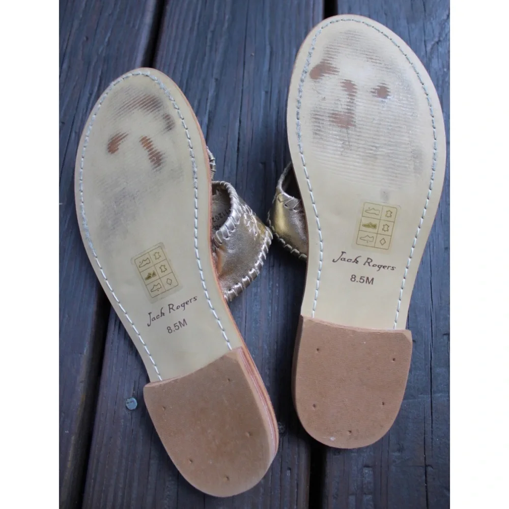 Jack Rogers Leather Flat Sandal Preowned 8.5 Platinum Gold
